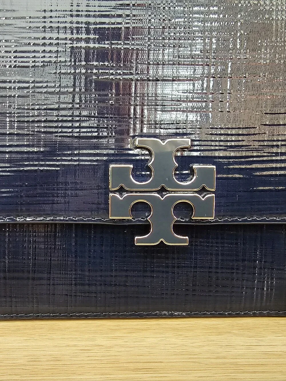 Tory Burch Britten Textured Patent Navy Leather Chain Crossbody
